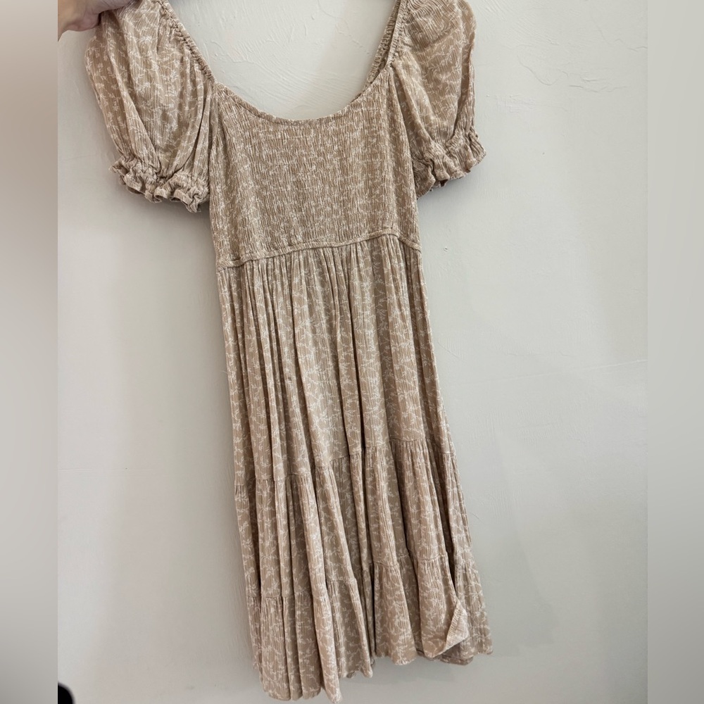 Altar'd State Tan Cream Smocked Puff Sleeve Sundress with flowers